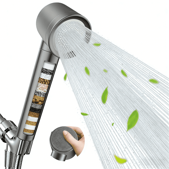Filtered Shower Head with Handheld, High Pressure Shower Heads with 3 Spray, Showerhead with Filters Hand held for Hard Water, Remove Chlorine, Reduces Dry Itchy Skin, Gray