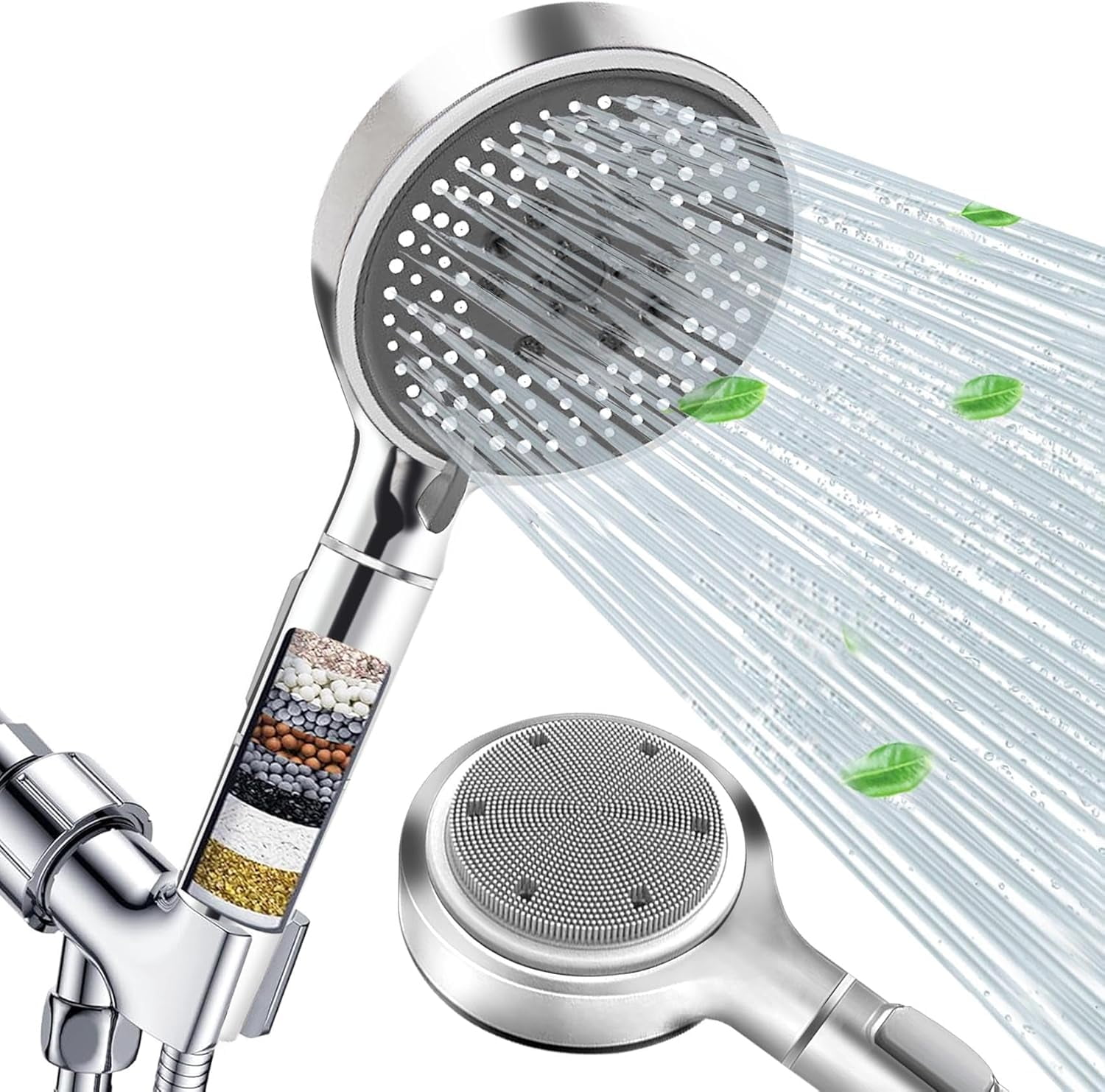 Filtered Shower Head with Handheld, High Pressure Shower Heads with Silicone Massage, Multiple Spray Modes Shower Head with Filters, Showerhead with Hose and Stand, One-Button ON/OFF, Chrome
