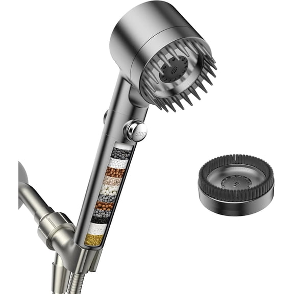 Filtered Shower Head with Handheld, High Pressure Water Flow and Multiple Spray Modes Shower Head with Filter, Power Wash for Hard Water, Showerhead with ON/OFF Switch for Pets Bath (Light Gray)