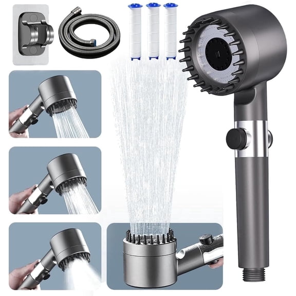 Filtered Shower Head with Handheld, Multi-Mode High Pressure Shower Heads with 59 Inch Shower Hose, Hard Water Filtered Showerhead with ON/OFF Switch to Clean Corner, Tub and Pets, Gray