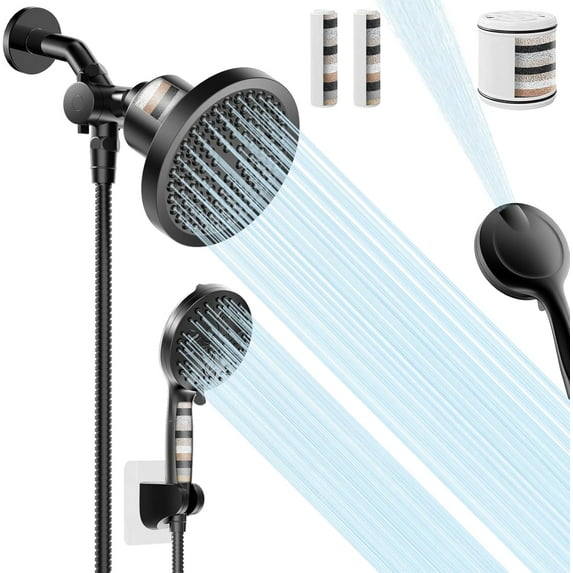 Filtered Shower Head With Handheld Spray Combo, High Pressure 6" Rain Showerhead & 5" Handheld Dual Shower Head with Filters, Double Shower Heads Set for Hard Water, 69" Shower Hose,Black