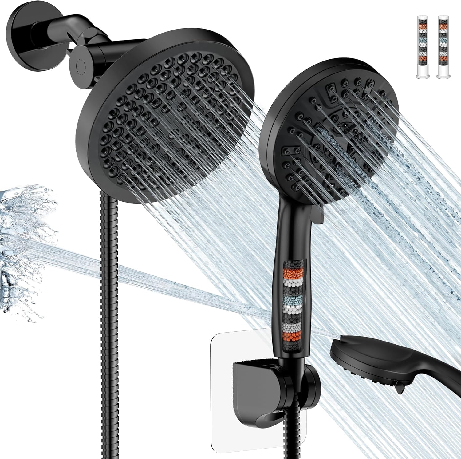 Filtered Shower Head with Handheld Spray Combo, High Pressure Rain Shower Heads, Double Dual Shower Head with Multiple Spray Modes, Detachable Showerhead with Hose, Black