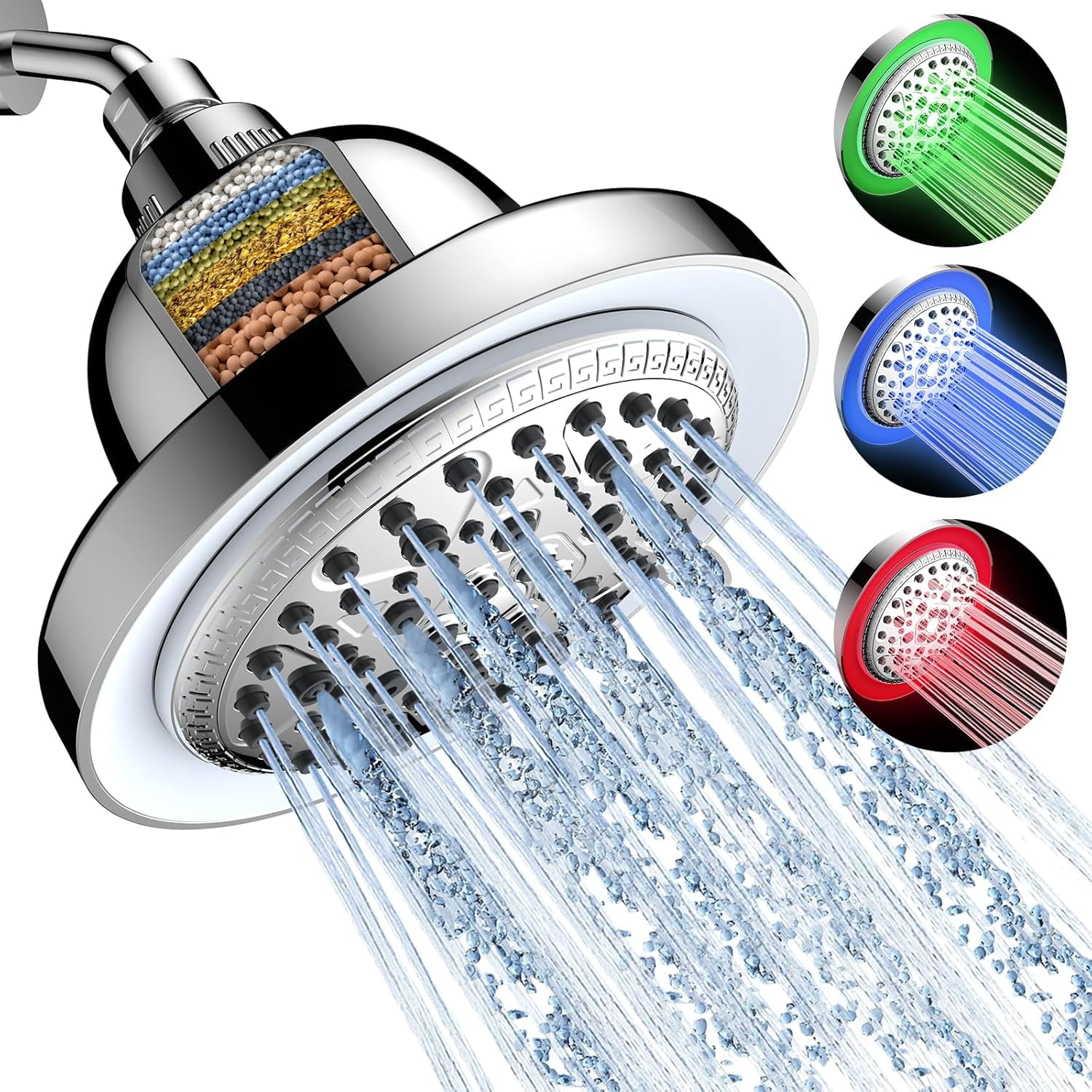 Filtered Shower Head with LED Color Changing, 7 Modes High Pressure Rain Shower Head with Filters, Water Softener Showerhead for Hard Water, Reduces Dry Itchy Skin \u0026 Hair