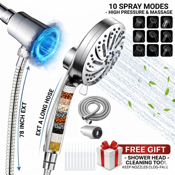 YDLW Magnetic Showerhead with Filter, 10 High Pressure Spray Modes, with Extra-Long 79" Hose & 10 Cleaning Needles Chrome Finish