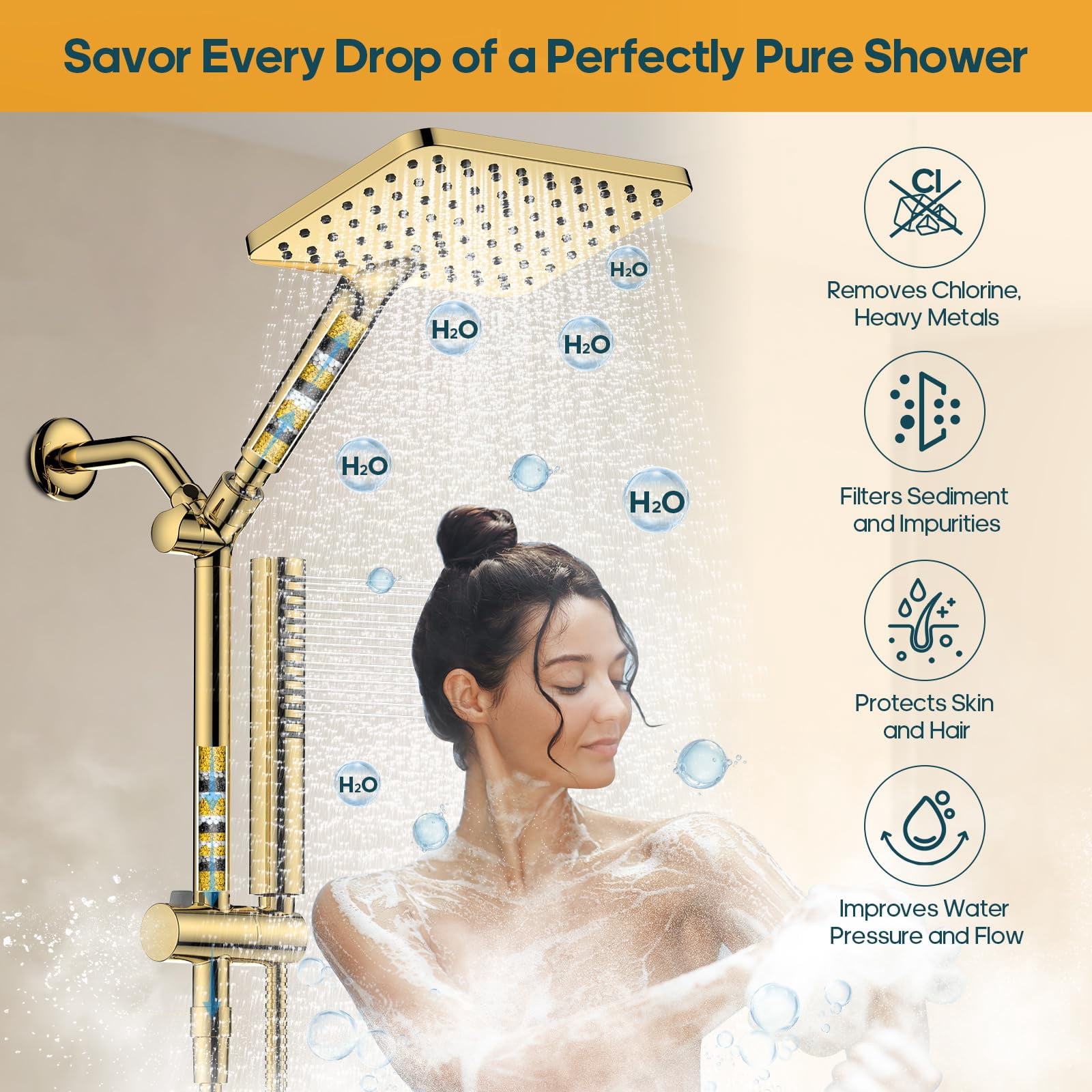 Filtered Shower Head With Handheld Spray Combo High Rain Dual Filters - Removes Chlorine Height Adjustable & Built-in Power Wash (gold)