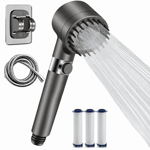 Ion Drops Shower Head, Shower Head High Pressure, Ion Showerhead with Handheld and 4 Filters, 4 Spray Modes & Pause Switch, Silicone Scalp Massager, 59" Hose & Bracket for Hard Water & Pets, Gray
