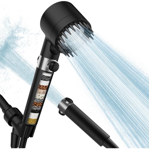 Filtered Shower Head with Handheld, High Pressure 3 Spray Mode Showerhead with 18 Stage Water Softener Filters for Hard Water - Remove Chlorine-BLACK