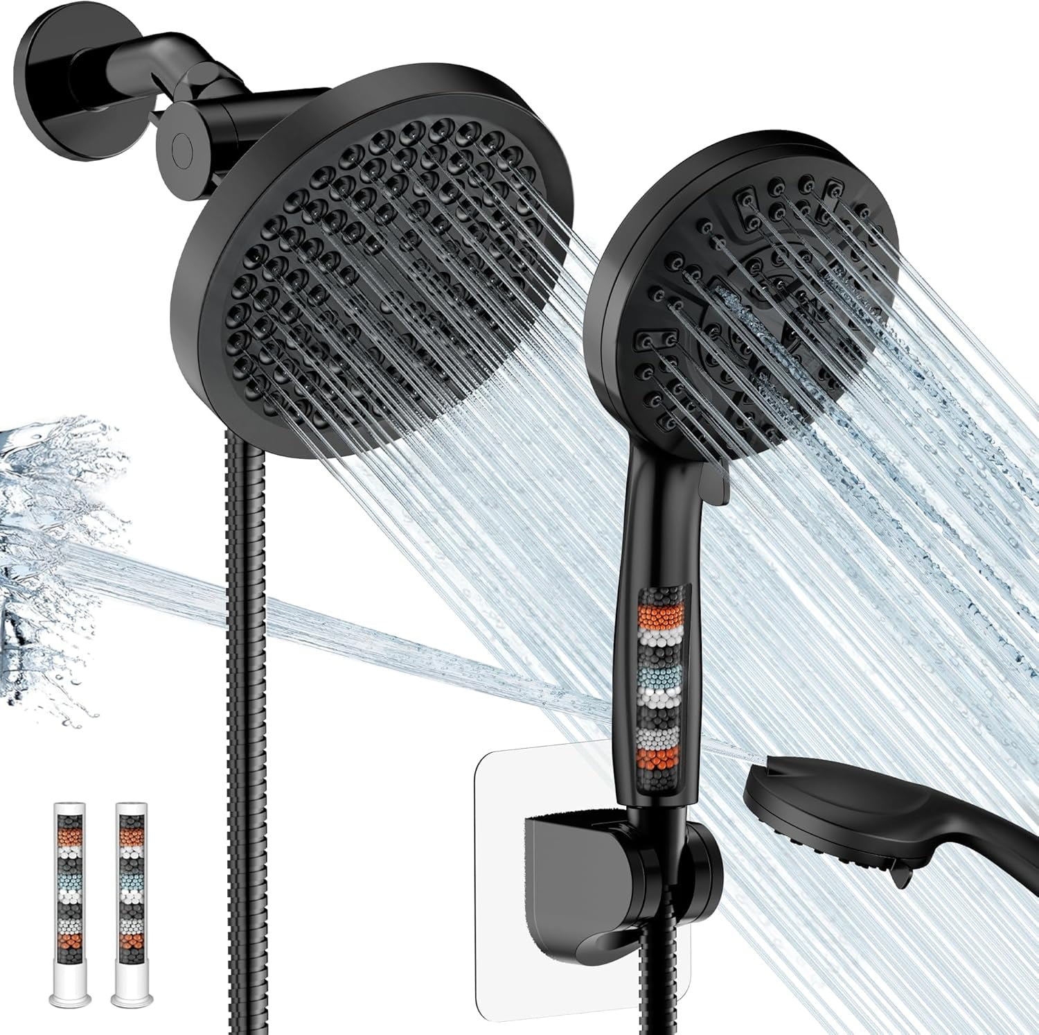 Filtered Shower Head with Handheld Spray Combo,High Pressure Rain Heads,Double Dual 10 Modes,Detachable Showerhead 78 Inch Hose,Black