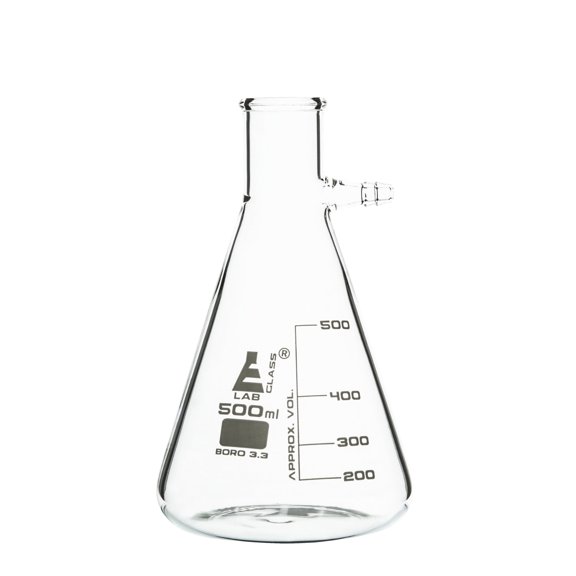 Filtering Flask, 500ml - Borosilicate Glass - Conical Shape, with Integral Side Arm - White Graduations - Eisco Labs