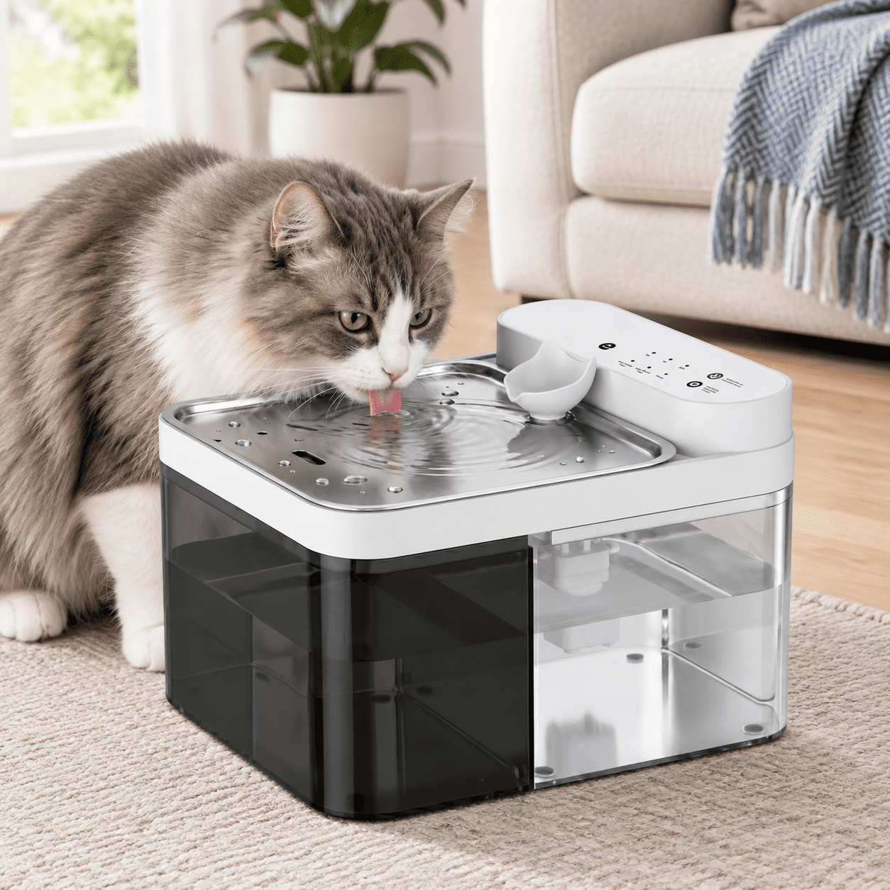 Filterless Cat Water Fountain, Transparent+Black, 10.28 x 8.19 x 7.05 ...