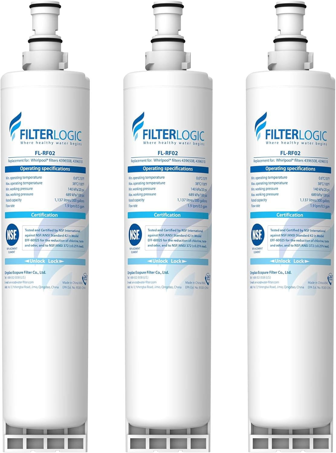 Filterlogic 4396508 Refrigerator Water Filter, Replacement for Whirlpool EDR5RXD1, EveryDrop Filter 5, PUR W10186668, NLC240V, 4396510, 4396508P, 4392857, WF-4396508, Pack of 3