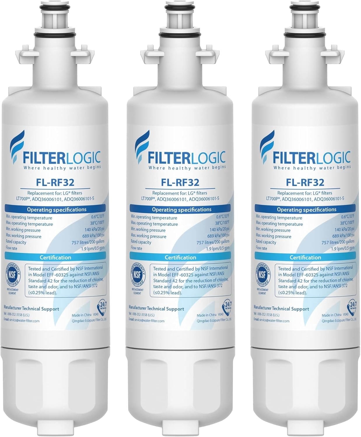 Filterlogic 469690 ADQ36006101 Refrigerator Water Filter, Replacement for LG® LT700P®, Kenmore® 9690, 46-9690, 469690, ADQ36006102, LT700PC, WSL-3, LFXS30766S, LFXC24726D, Pack of 3