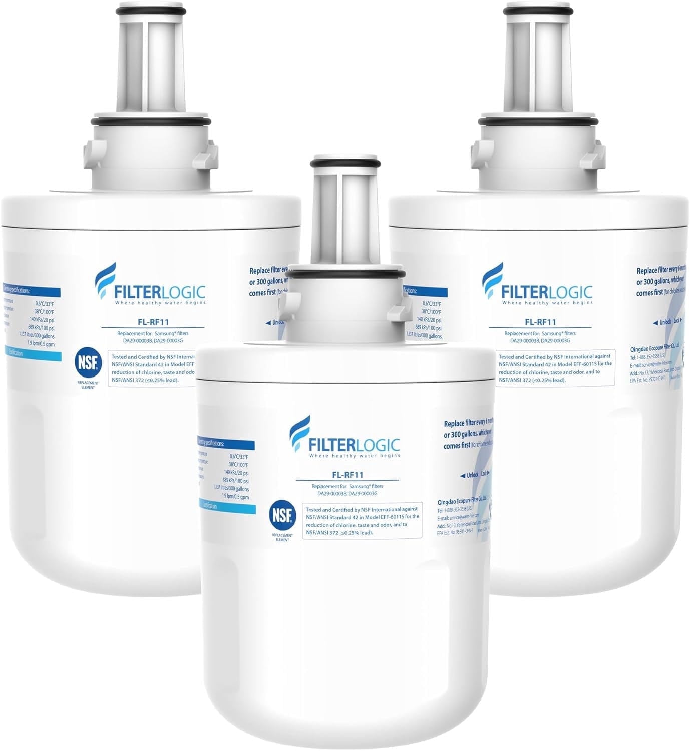 Filterlogic F11 Refrigerator Water Filter,Replacement for Samsung® DA29-00003G, DA29-00003B, Aqua-Pure Plus, RFG237AARS, DA29-00003F, HAFCU1, RFG297AARS, RS22HDHPNSR, WSS-1 (Pack of 3)
