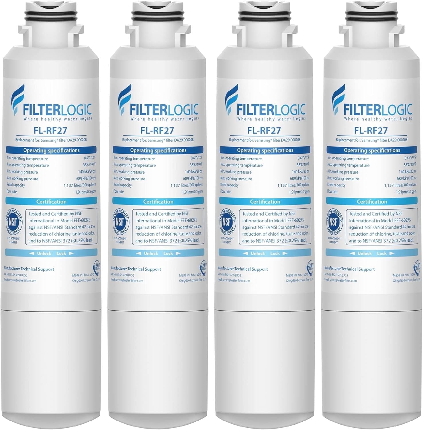 Filterlogic FL-RF27 Refrigerator Water Filter Replacement for Samsung®DA29-00020B,RF28HMEDBSR, RF263BEAESR, HDX FMS-2, HAF-CIN/EXP, DA97-08006A-1, DA29-00020B-1, RF4287HARS, RFG297HDRS, 4 PACK