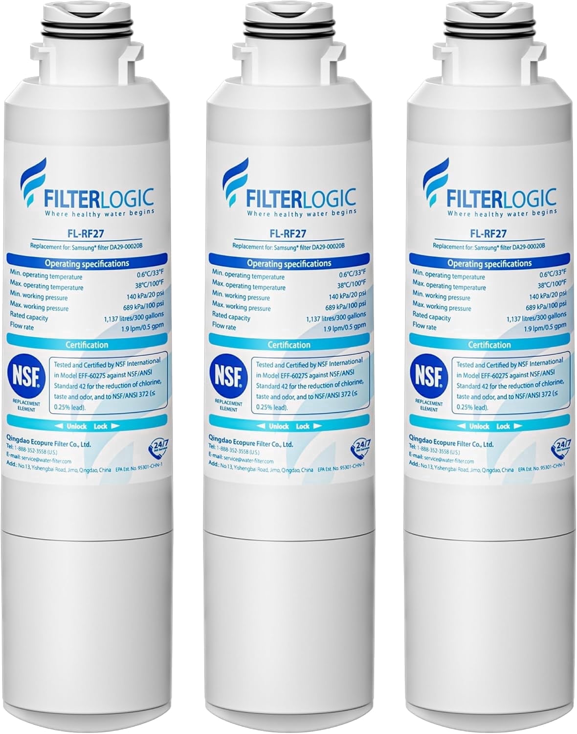 Filterlogic F27 Refrigerator Water Filt Samsung® DA29-00020B,RF28HMEDBSR, RF263BEAESR, HDX FMS-2, HAF-CIN/EXP, DA97-08006A-1, RF4287HARS, RFG297HDRS, RF28HFEDBSR, 3 PACK