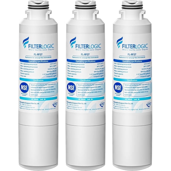 Filterlogic F27 Refrigerator Water Filt Samsung DA29-00020B,RF28HMEDBSR, RF263BEAESR, HDX FMS-2, HAF-CIN/EXP, DA97-08006A-1, RF4287HARS, RFG297HDRS, RF28HFEDBSR, 3 PACK