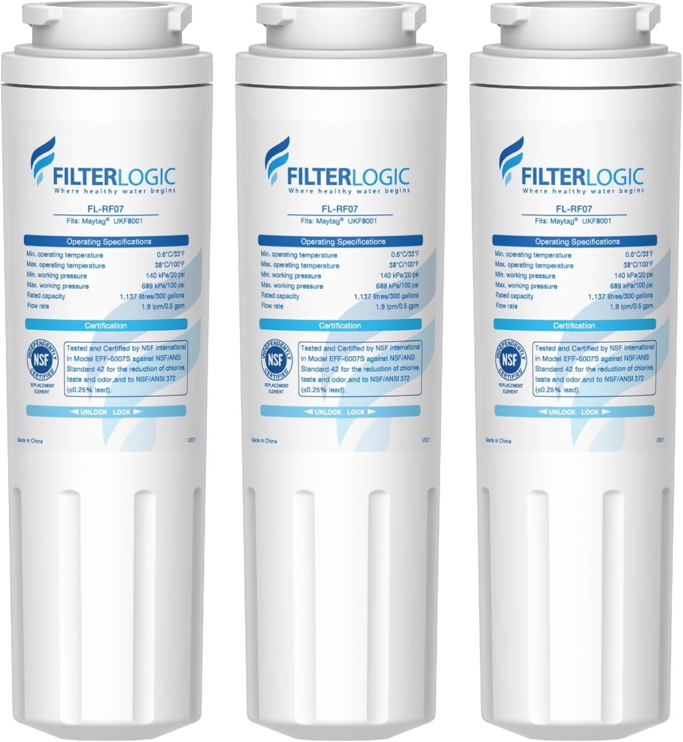Filterlogic UKF8001 Replacement for Filter 4, Whirlpool EDR4RXD1, Maytag 4396395, UKF8001AXX-200, UKF8001AXX-750, 46-9006, Puriclean II, FMM-2, FL-RF07, Refrigerator Water Filter, Pack of 3