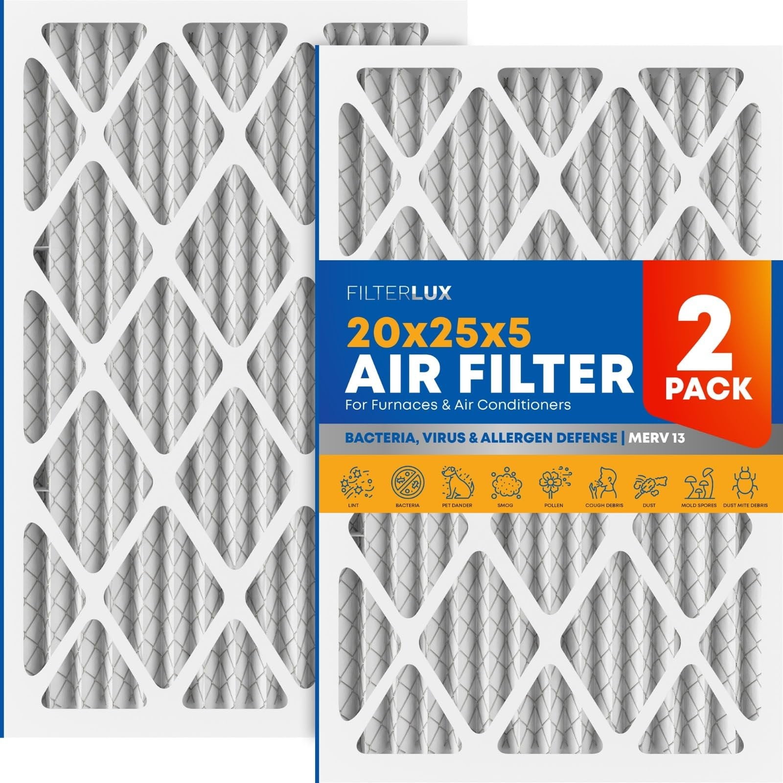 20x25x5 Air Filter MERV 13 | 2-Pack Premium HVAC Filters For Honeywell, Lennox, Carrier