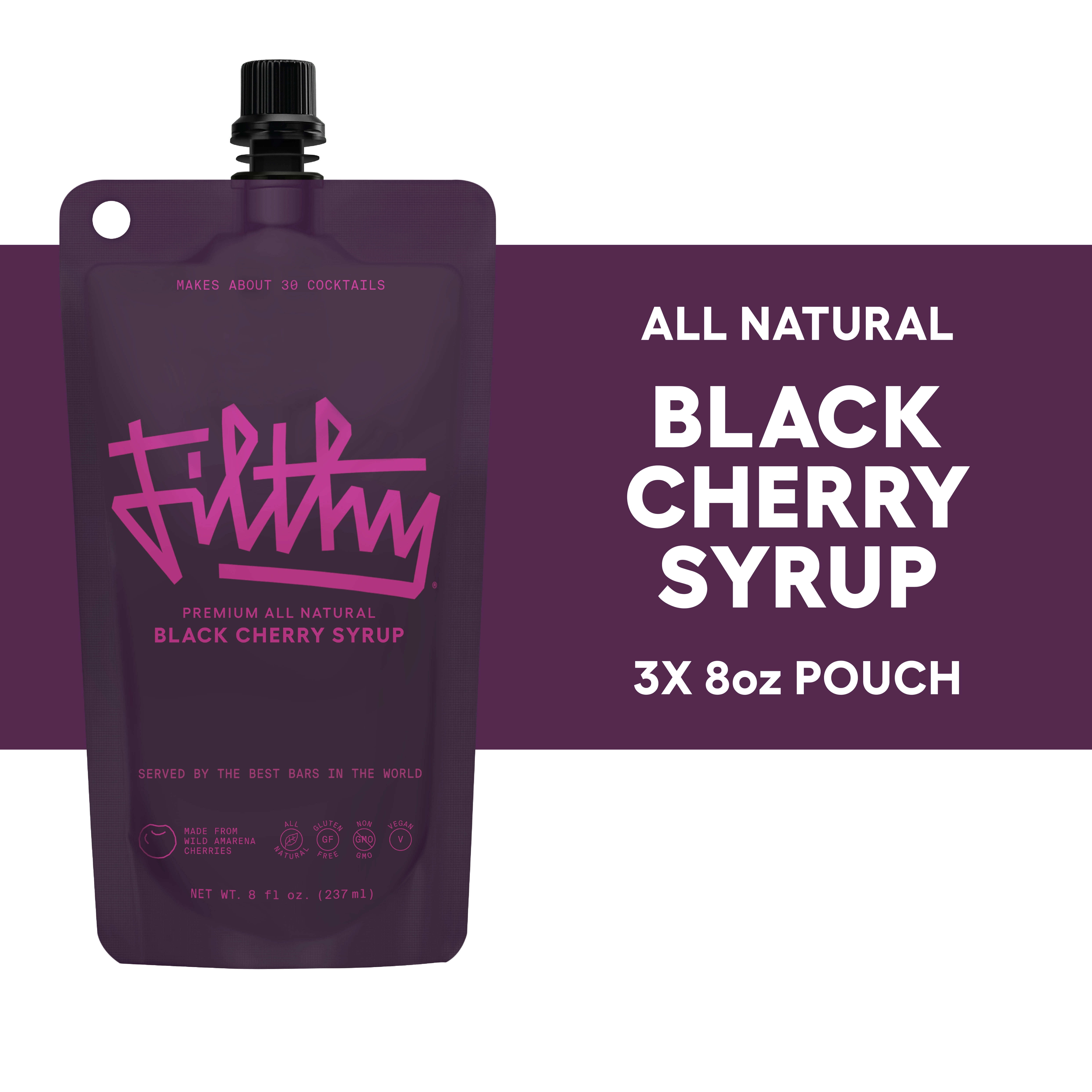 Filthy Black Cherry Syrup for Cocktails, 8 Oz Pouch, 3 Pack