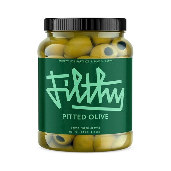 Filthy Pitted Queen Olives  Naturally Cured Cocktail Garnish for Martinis, 64 oz Jar, Approx. 125 Olives