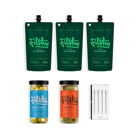 Filthy Martini Cocktail Kit Olive Brine, Pimento Stuffed Olives, Blue Cheese Stuffed Olives and 4 Stainless Steel Cocktail Picks, Non-GMO, Gluten-Free