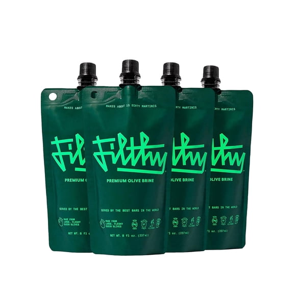 Filthy Brine, Premium Cocktail Mixer, Filtered Brine for Dirty Martinis, Olive Juice for Cocktails, Naturally Cured, Non-GMO, Gluten Free, 8 oz pouch, 4 pack