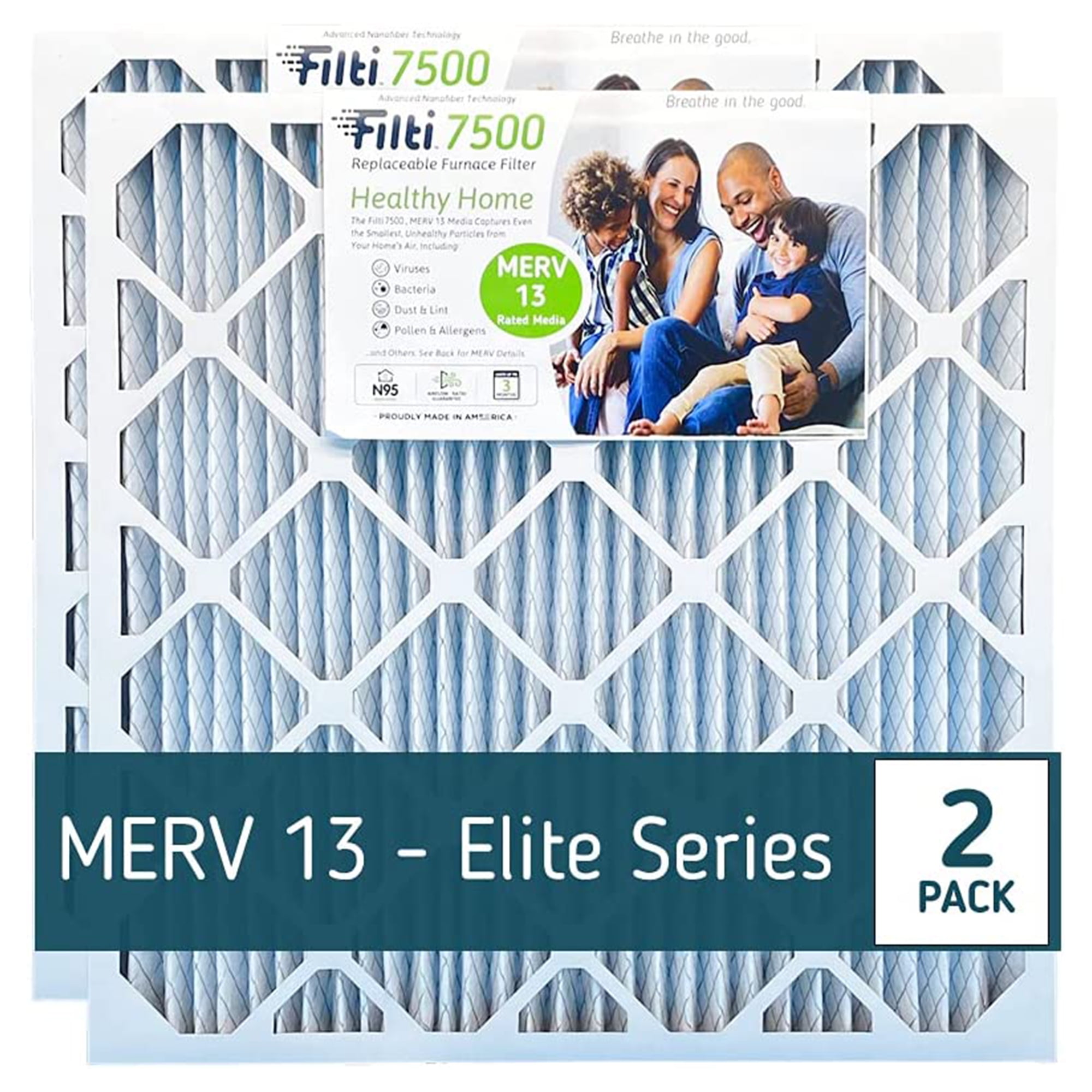 Filti 7500 Pleated Home HVAC Furnace 16x25x2 MERV 13 Air Filter (2 Pack