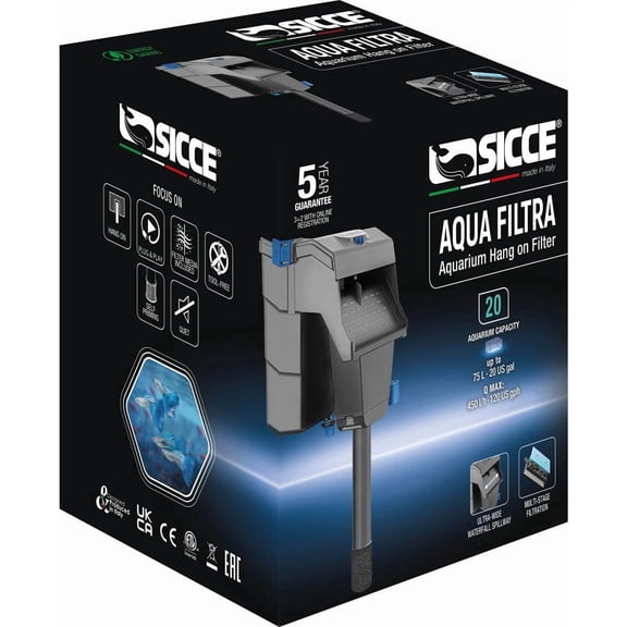 Filtra 20 Hang On Back Aquarium Fish Tank Power Filter Up to 20 Gallon Aquariums - Quiet 3-Stage HOB for Freshwater & Saltwater