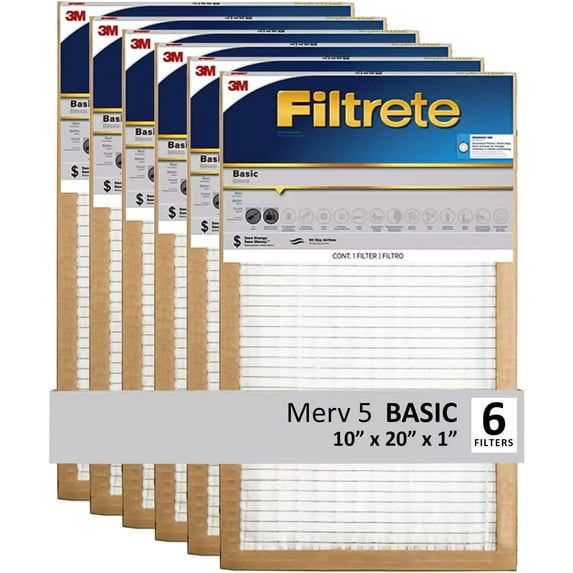 Filtrete 10x20x1 Air Filter, 3M MERV 5 HVAC AC Furnace Filter Replacement, 6-Pack (Actual Size 9.81x19.81x0.88 in)