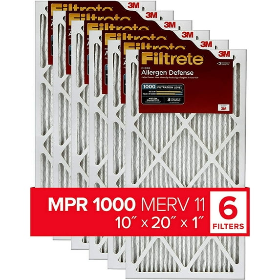 Filtrete 10x20x1 Air Filter MPR 1000 MERV 11, Allergen Defense, 6-Pack exact dimensions 9.81x19.81x0.81