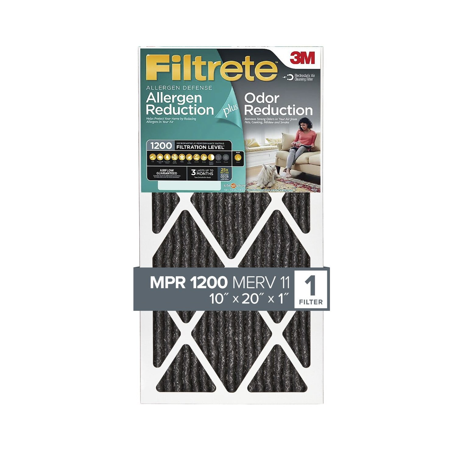 Filtrete 10x20x1 Air Filter, MPR 1200 MERV 11, Allergen Plus Odor Reduction, 1 Filter