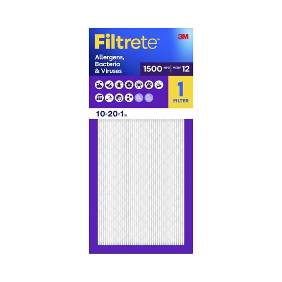 Filtrete 10x20x1 HVAC Furnace Air Filter, MPR 1500 MERV 12, Allergen, Bacteria and Virus, 1 Filter