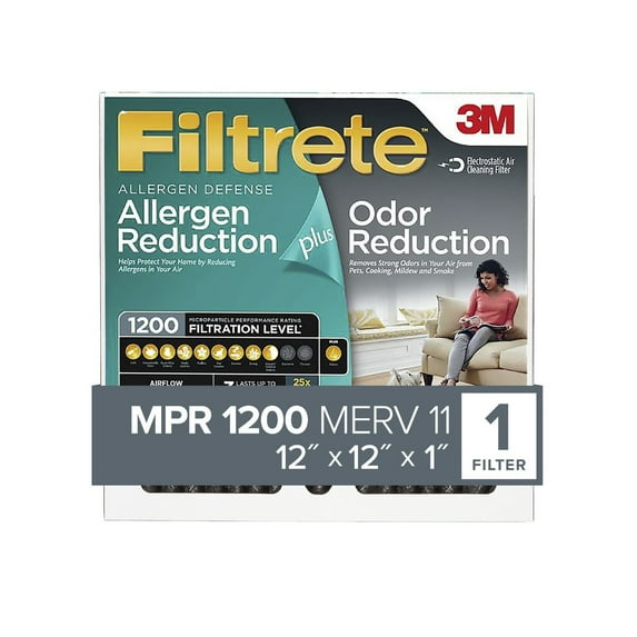 Filtrete 12x12x1 Air Filter, MPR 1200 MERV 11, Allergen Plus Odor Reduction, 1 Filter