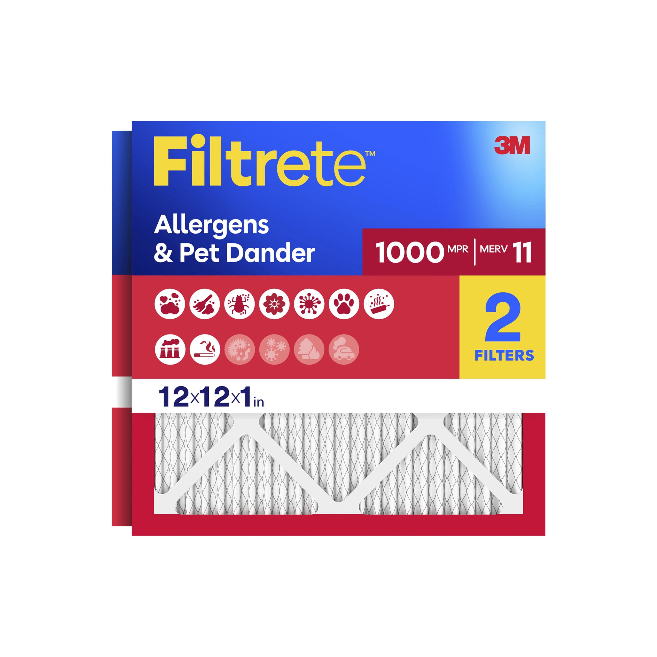 Filtrete 12x12x1 HVAC Furnace Air Filter, MPR 1000 MERV 11, Allergens & Pet Dander, 2 Pack