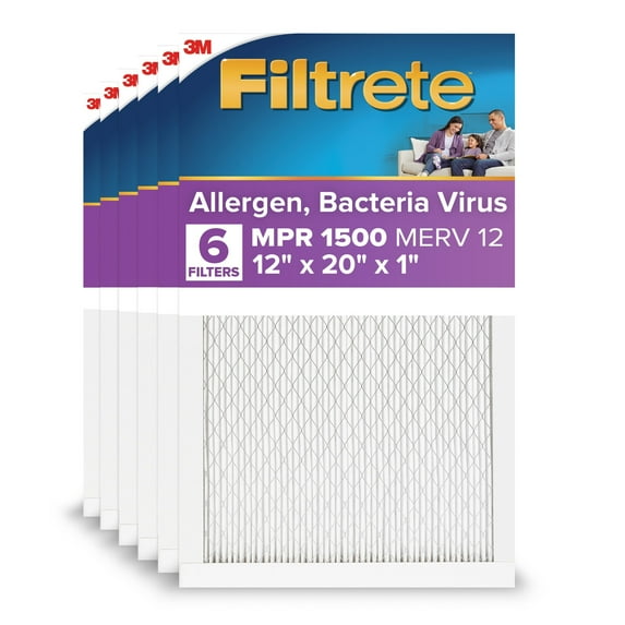 Filtrete 12x20x1 HVAC Furnace Air Filter, MPR 1500 MERV 12, Advanced Allergen Reduction, 6 Pack