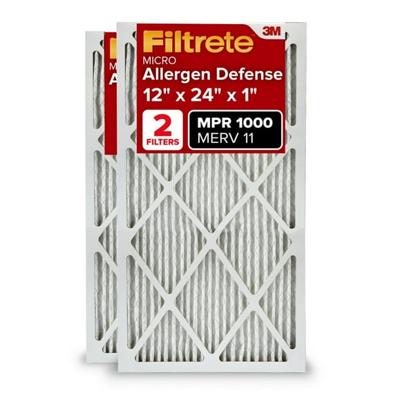 Filtrete 12x24x1 AC Furnace Air Filter, MERV 11, MPR 1000, Micro Allergen Defense, 3-Month Pleated 1-Inch Electrostatic Air Cleaning Filter, Pack of 2 Actual Size 11.719x23.72x0.85 in