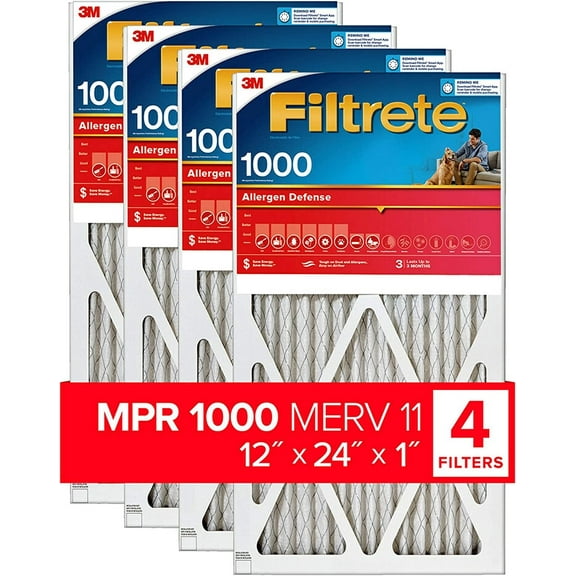 Filtrete 12x24x1, AC Furnace Air Filter, MPR 1000, Micro Allergen Defense, 4-Pack exact dimensions 11.69 x 23.69 x 0.81