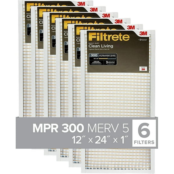 Filtrete 12x24x1, AC Furnace Air Filter, MPR 300, Clean Living Basic Dust, 6-Pack exact dimensions 11.69 x 23.69 x 0.81