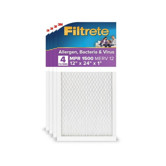 Filtrete 12x24x1 HVAC Furnace Air Filter, MPR 1500 MERV 12, Allergen, Bacteria, Virus, 4 Pack