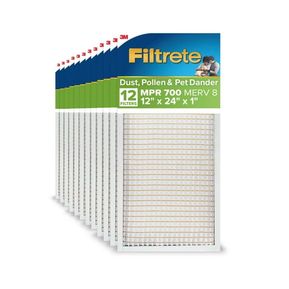 Filtrete 12x24x1 HVAC Furnace Air Filter, MPR 700 MERV 8, Dust, Pollen, and Pet Dander Reduction, 12 Pack