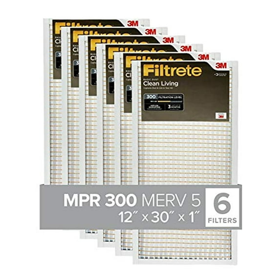 Filtrete 12x30x1, AC Furnace Air Filter, MPR 300, Clean Living Basic Dust, 6-Pack (exact dimensions 11.81 x 29.81 x 0.813)