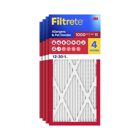 Filtrete 12x30x1 HVAC Furnace Air Filter, MPR 1000 MERV 11, Allergens & Pet Dander, 4 Pack