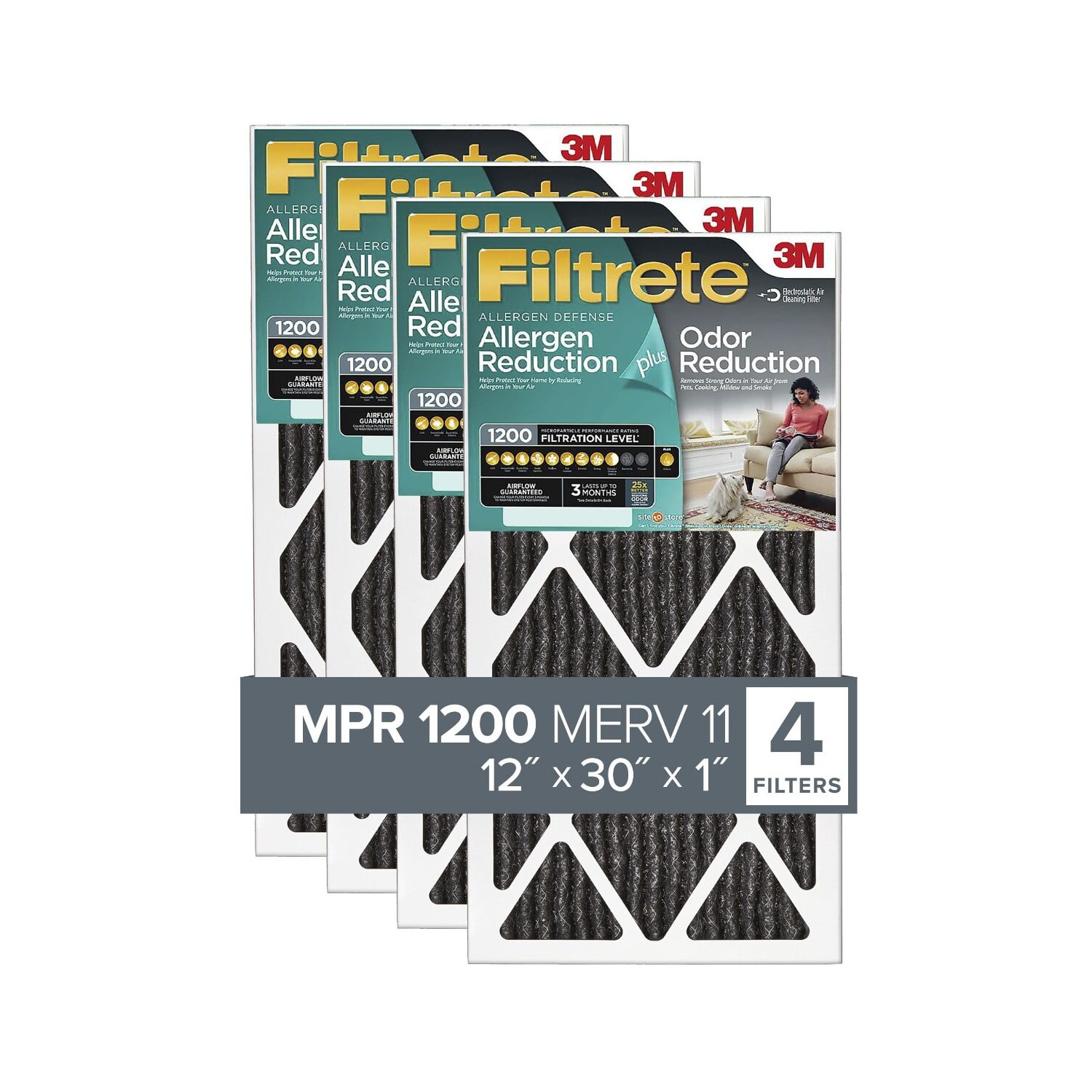 Filtrete 12x30x1 Air Filter, MPR 1200 MERV 11, Allergen Plus Odor Reduction, 4 Filters