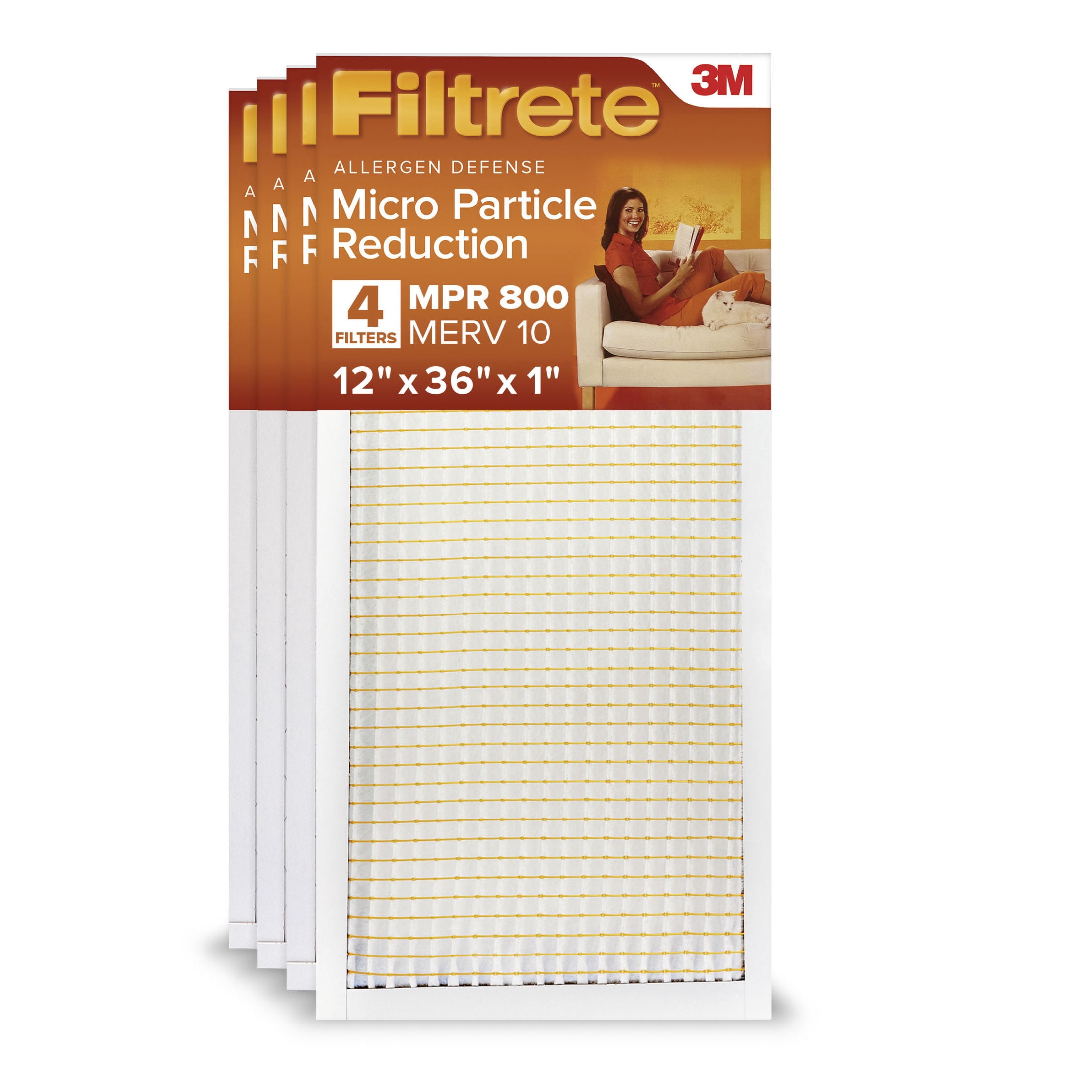 Filtrete 12x36x1 HVAC Furnace Air Filter, MPR 800 MERV 10, Micro Particle Reduction, 4 Pack