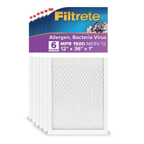 Filtrete 12x36x1 HVAC Furnace Air Filter, MPR 1500 MERV 12, Advanced Allergen Reduction, 6 Pack