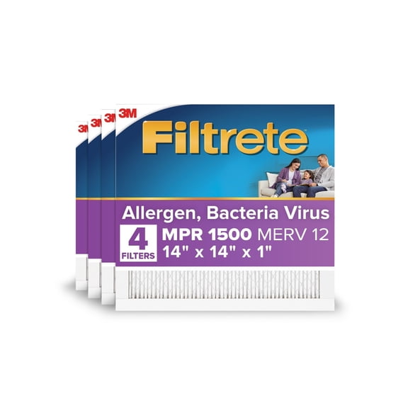 Filtrete 14x14x1 HVAC Furnace Air Filter, MPR 1500 MERV 12, Allergen, Bacteria, Virus, 4 Pack