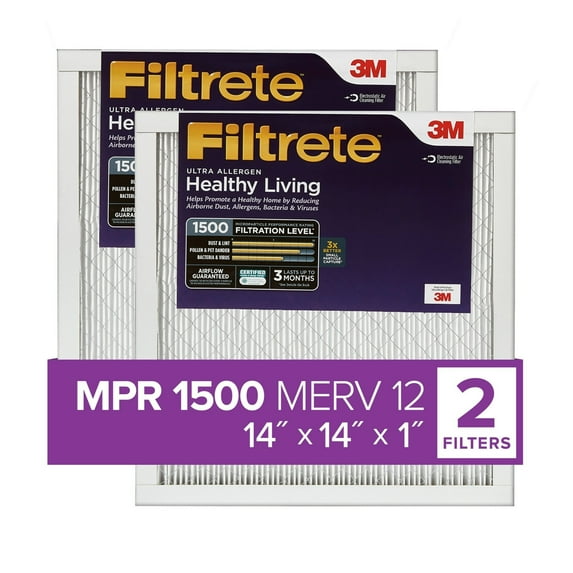 Filtrete 14x14x1 Air Filter, MPR 1500, MERV 12, Healthy Living Ultra-Allergen 3-Month Pleated 1-Inch Air Filters, 2 Filters