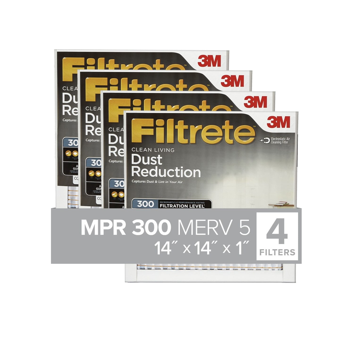 Filtrete 14x14x1 HVAC Furnace Air Filter, MPR 300 MERV 5, Dust Reduction, 4 Filters