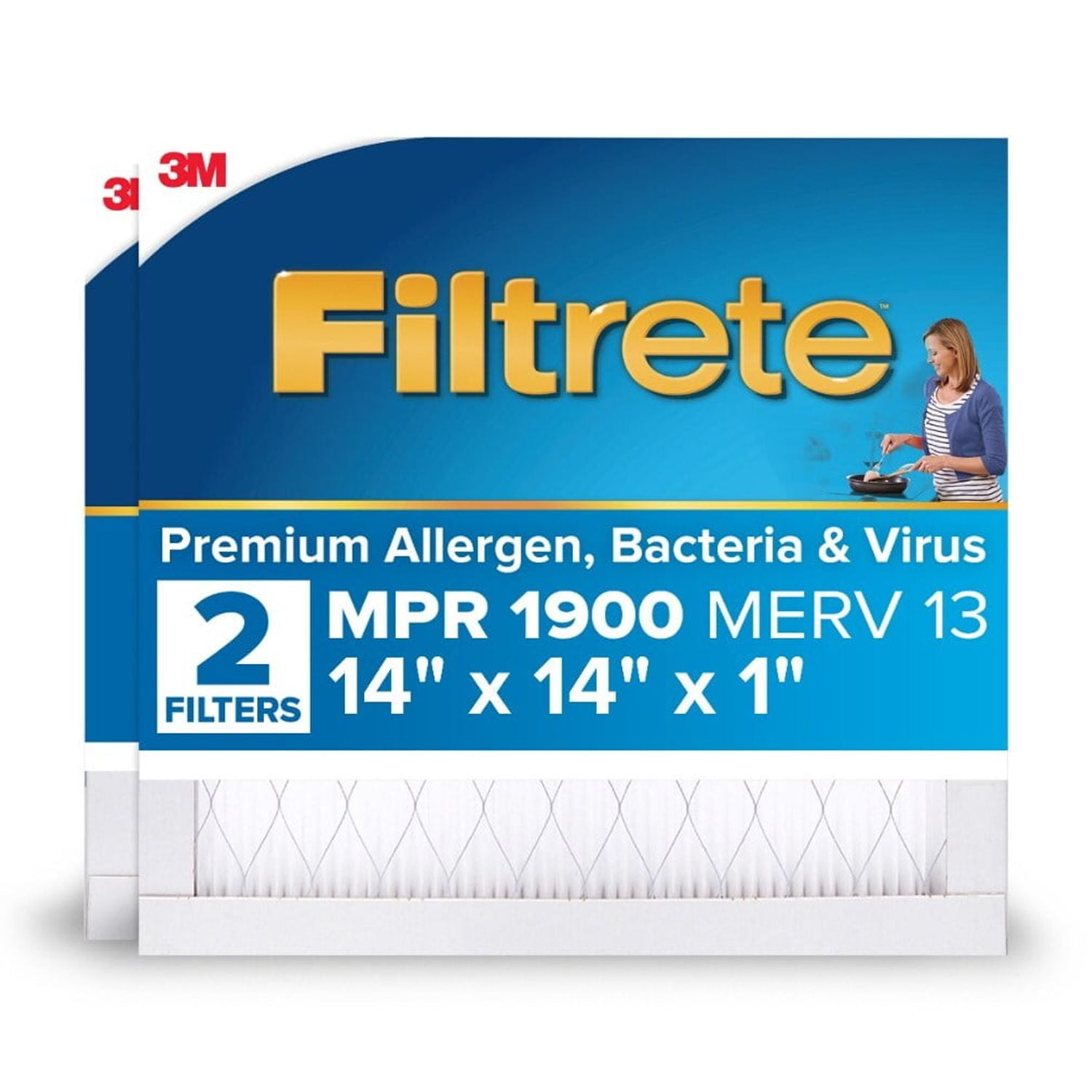 Filtrete 14x14x1 HVAC Furnace Air Filter, MPR 1900 MERV 13, Premium Allergen, Bacteria and Virus, 2 Pack