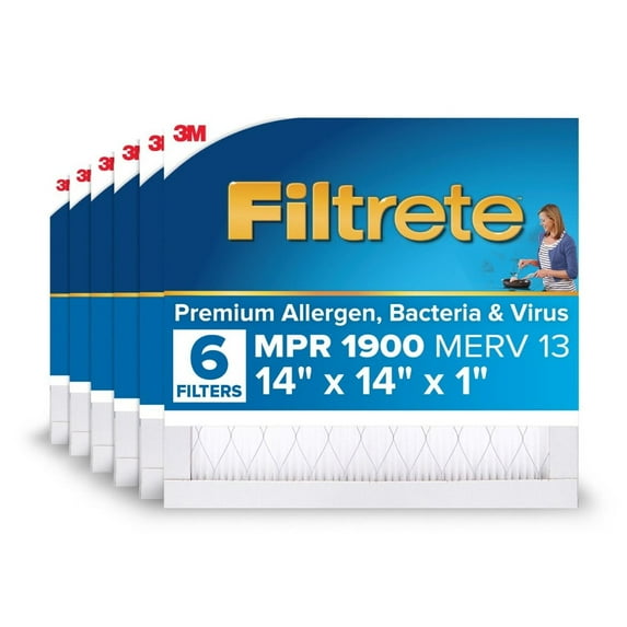 Filtrete 14x14x1 HVAC Furnace Air Filter, MPR 1900 MERV 13, Premium Allergen, Bacteria and Virus, 6 Pack